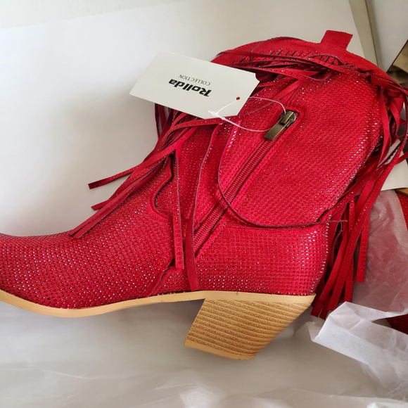 NWT Women’s Cowgirl Boots Rhinestone Fringe Sparkly Western Red Chunky Heel - Picture 7 of 10